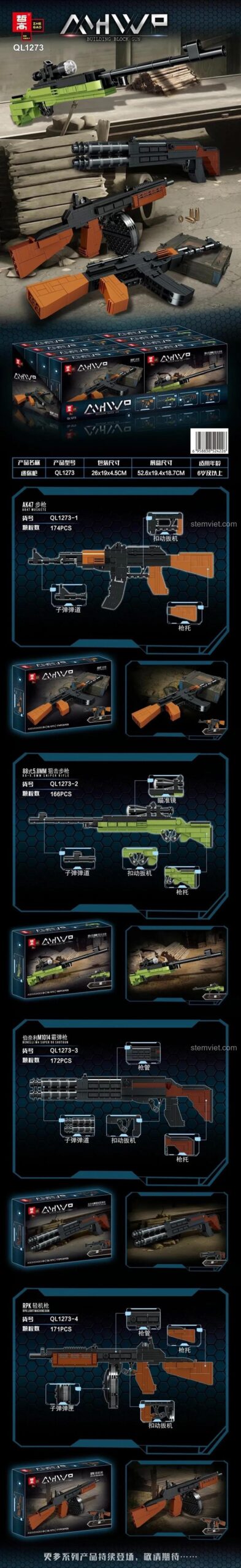 Mô hình súng AK47 Zhe Gao QL1273-1 chi tiết, đồ chơi lắp ráp quân sự cho bé trai, kích thước chân thực.