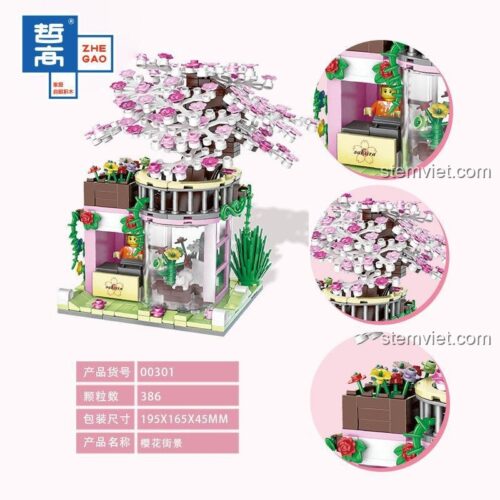 Đồ chơi lắp ráp ZHEGAO 00301 Mô hình Phố Hoa Anh Đào với 386 chi tiết, kích thước hộp 19.5x16.5x4.5cm, đồ chơi xây dựng chất lượng cao