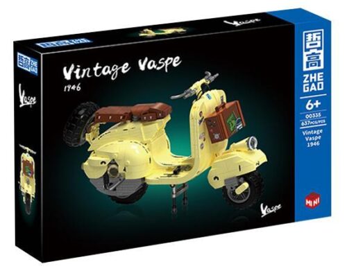 Hộp sản phẩm ZHEGAO 00335 Mô tô Vespa Cổ Điển 1946, màu vàng nổi bật, thiết kế cổ điển, phù hợp cho bé trai, bé gái 6 tuổi, giá tốt.