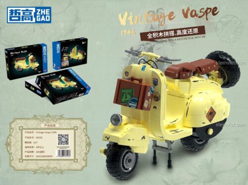 Mô hình ZHEGAO 00335 Mô tô Vespa Cổ Điển 1946 và hộp sản phẩm, hiển thị thông tin chi tiết, 637 mảnh ghép, chất lượng cao, đáng tiền.