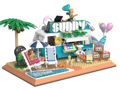 Mô hình xe kem hè ZHEGAO 00415 với bãi biển, cây dừa, ghế tắm nắng và hồ bơi, 3 minifigures