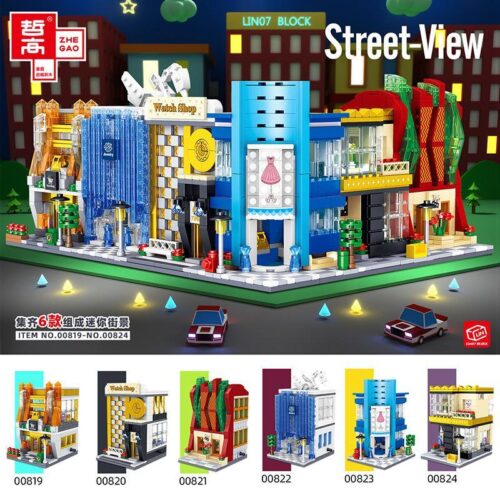 Bộ lắp ghép Phố mua sắm mini Zhegao 00820 hộp sản phẩm chính, thể hiện toàn bộ 6 cửa hàng mini có thể lắp ráp thành một khu phố sầm uất, phù hợp cho bé gái 6 tuổi, giá tốt.