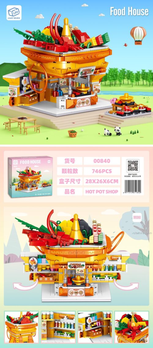 Mô hình Cửa hàng Lẩu Zhegao 00840 với 746 mảnh ghép, thể hiện kích thước hộp 28x26x6 cm, chi tiết sắc nét cho trải nghiệm xây dựng sáng tạo