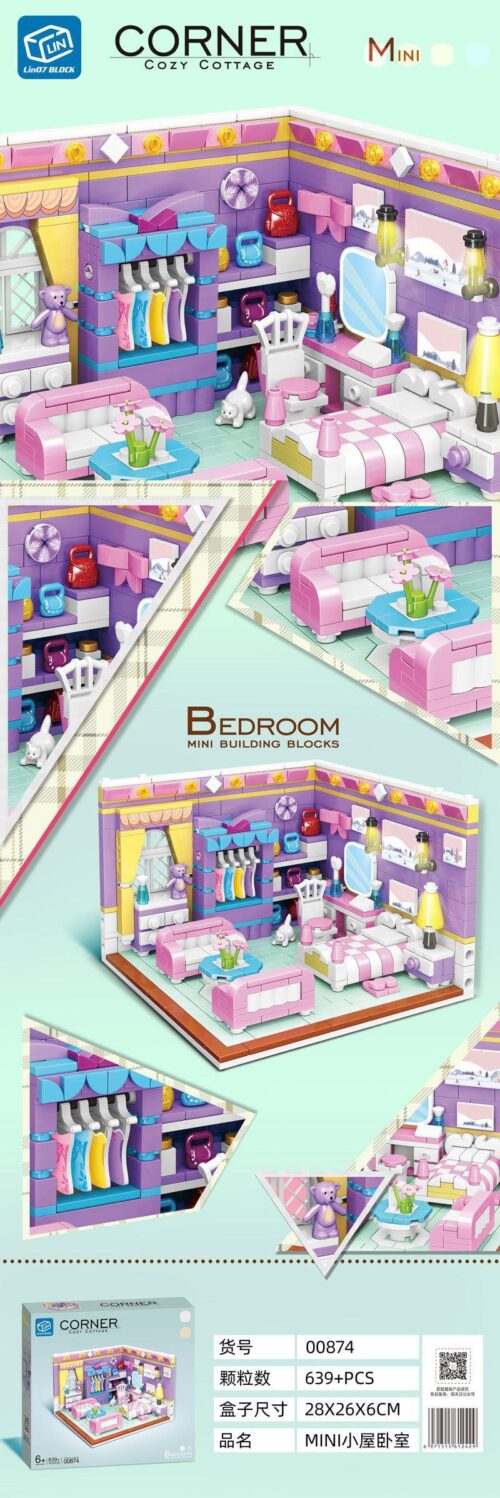 Bộ đồ chơi ZHEGAO 00874 Phòng Ngủ Góc Nhỏ Mini, hộp sản phẩm màu hồng tím dễ thương, phù hợp cho bé gái 6 tuổi, giá tốt.