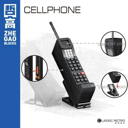 Đồ chơi lắp ráp ZHEGAO 00987, mô hình điện thoại cổ điển với các chi tiết nút bấm và ăng-ten chân thực, phù hợp bé 6 tuổi.