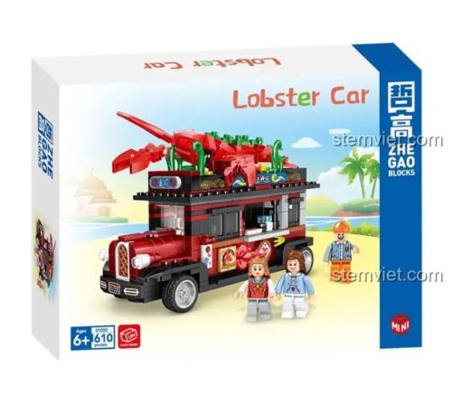 Hộp sản phẩm đồ chơi mô hình Xe bán đồ ăn tôm hùm Zhegao 1000, gồm 610 chi tiết mini block, là món quà tuyệt vời cho bé gái.