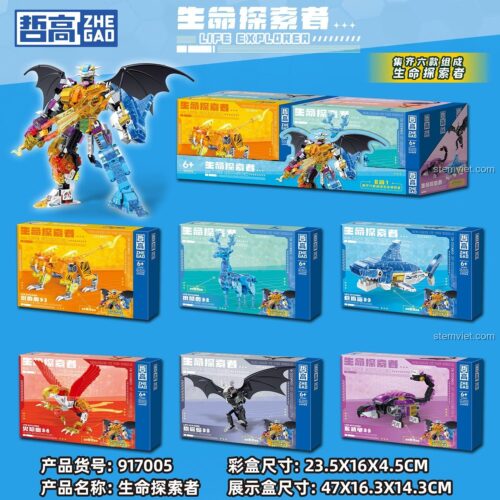 Poster giới thiệu đồ chơi mô hình Zhegao 917005 và 6 hộp nhỏ bên trong, bao gồm Hổ Răng Kiếm, Hươu Pha Lê và các quái thú khác.