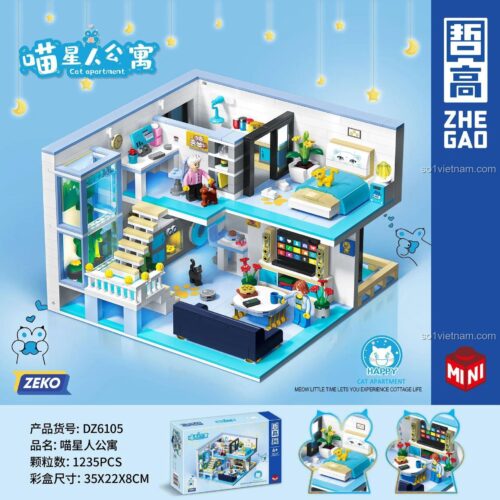 Mô hình hoàn thiện của bộ xếp hình ZHEGAO DZ6105 Ngôi nhà cho người yêu mèo, thiết kế duplex hiện đại, giá rẻ.