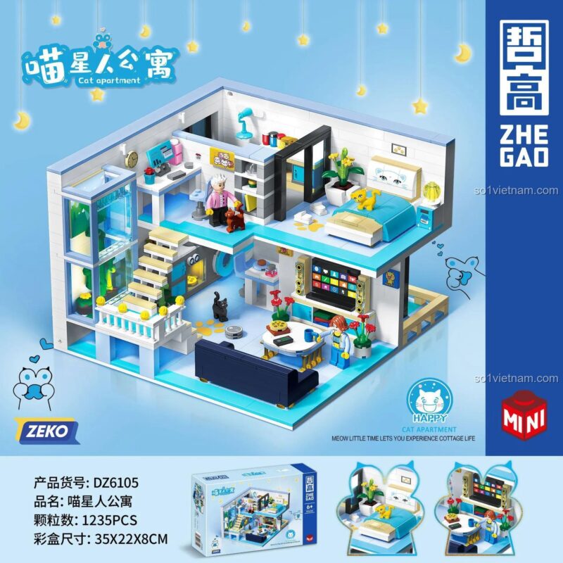 Mô hình hoàn thiện của bộ xếp hình ZHEGAO DZ6105 Ngôi nhà cho người yêu mèo, thiết kế duplex hiện đại, giá rẻ.