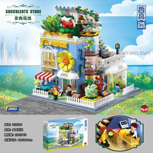Hộp sản phẩm bộ lắp ghép ZHEGAO DZ6120 Cửa hàng cây mọng nước, hiển thị 2091 chi tiết, đồ chơi xây dựng cho bé gái 6 tuổi, giá rẻ.