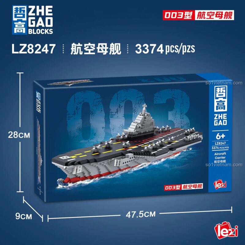 Hộp đồ chơi lắp ráp Tàu Sân Bay Hải Quân 003, kích thước hộp 47.5x28x9cm, chất lượng cao.