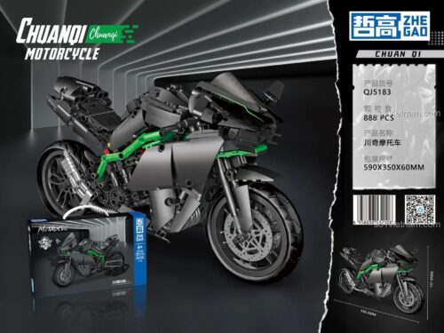 Poster đồ chơi mô hình ZHEGAO QJ5183 Xe mô tô Kawasaki Ninja H2R, thể hiện kích thước mô hình 34.6cm và hộp sản phẩm.