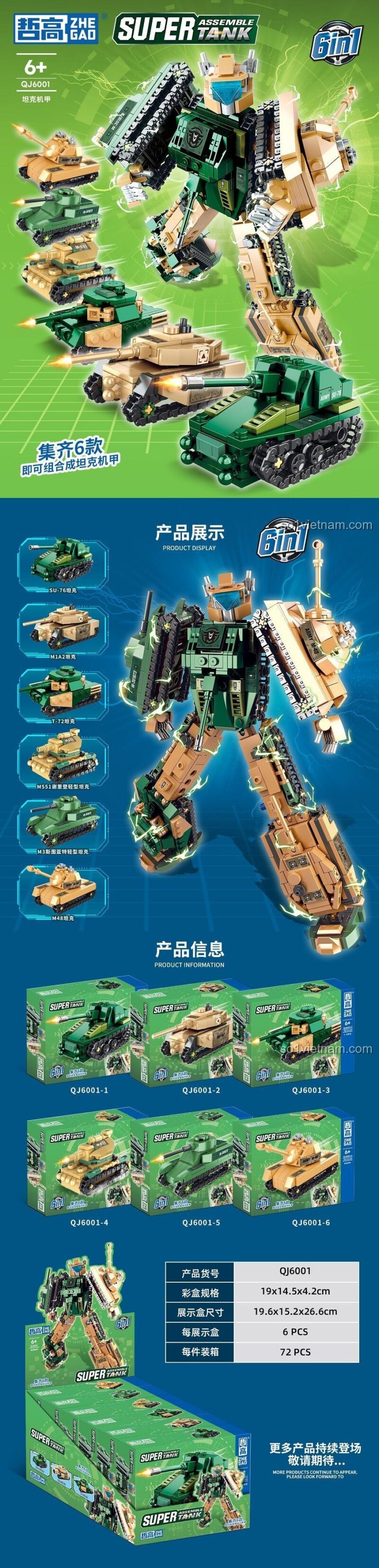 Đồ chơi mô hình QJ6001 Xe Tăng Hợp Thể Robot Chiến Đấu, hiển thị 6 mẫu xe tăng và robot chiến đấu lớn, kích thước sản phẩm cho bé trai 6 tuổi.