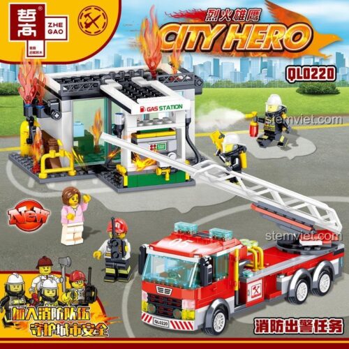 Hộp sản phẩm đồ chơi xếp hình ZHEGAO QL0220 City Hero, mô tả cảnh đội lính cứu hỏa đang làm nhiệm vụ.