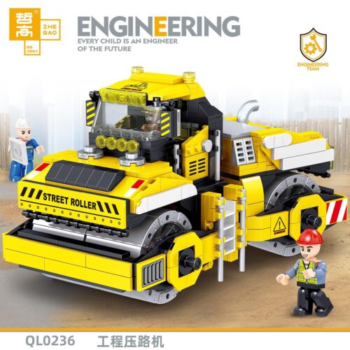 Bộ đồ chơi ZHEGAO QL0236 Xe lu công trình màu vàng đen, có 2 minifigure công nhân, phù hợp bé trai 6 tuổi, giá tốt.