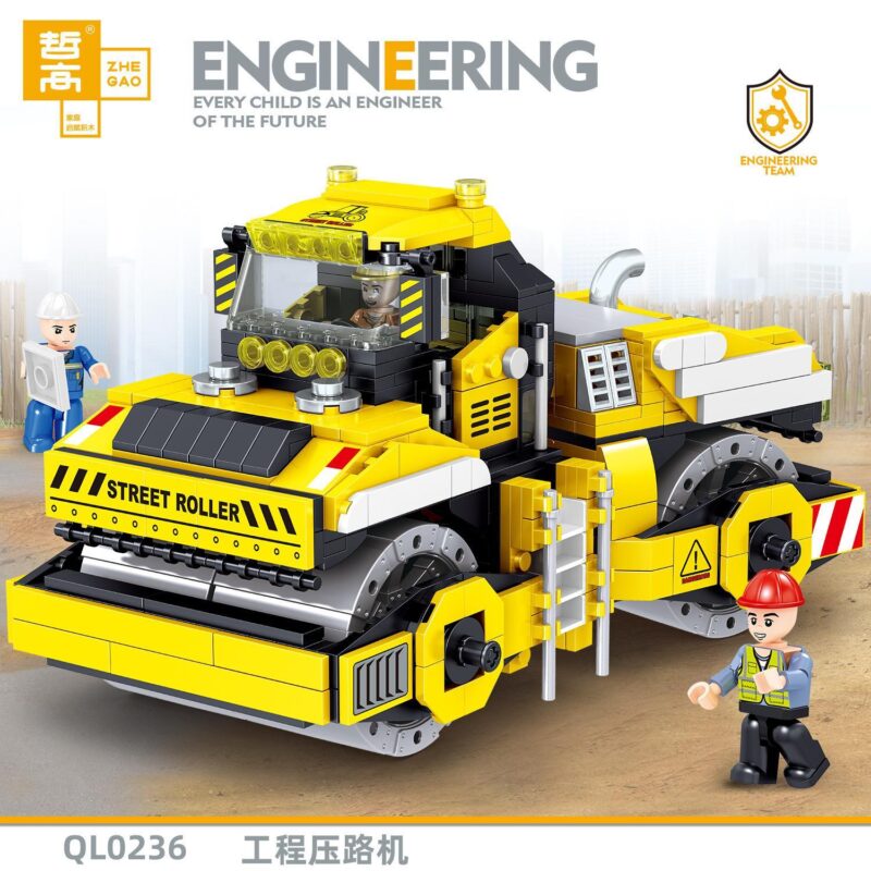 Bộ đồ chơi ZHEGAO QL0236 Xe lu công trình màu vàng đen, có 2 minifigure công nhân, phù hợp bé trai 6 tuổi, giá tốt.