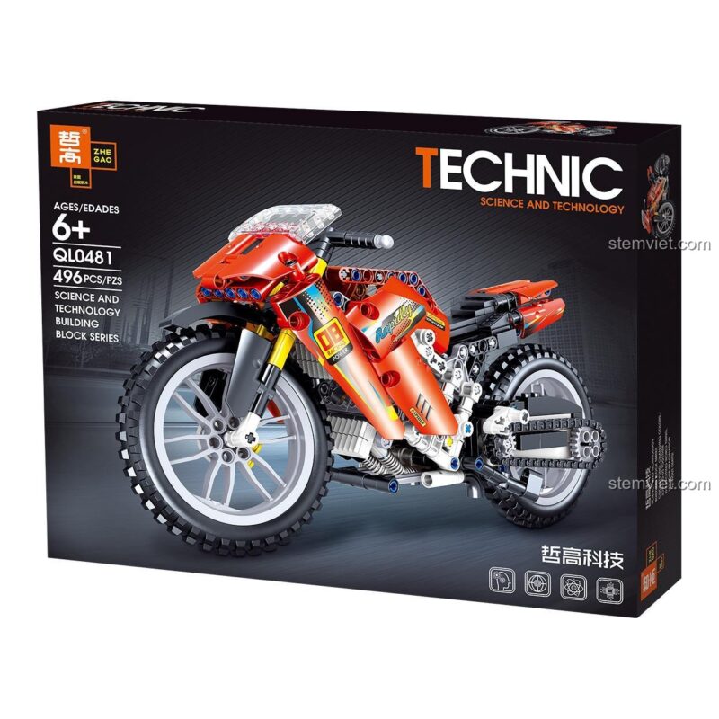 Hộp bộ đồ chơi lắp ráp Zhegao QL0481 Mô tô Đua Địa Hình, thể hiện số chi tiết 496 mảnh và độ tuổi khuyến nghị 6+, tương thích LEGO® Technic.