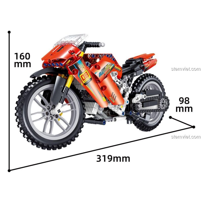 Ảnh thể hiện kích thước chi tiết của mô hình Zhegao QL0481 Mô tô Đua Địa Hình (31.9x9.8x16 cm), giúp người mua hình dung rõ hơn.
