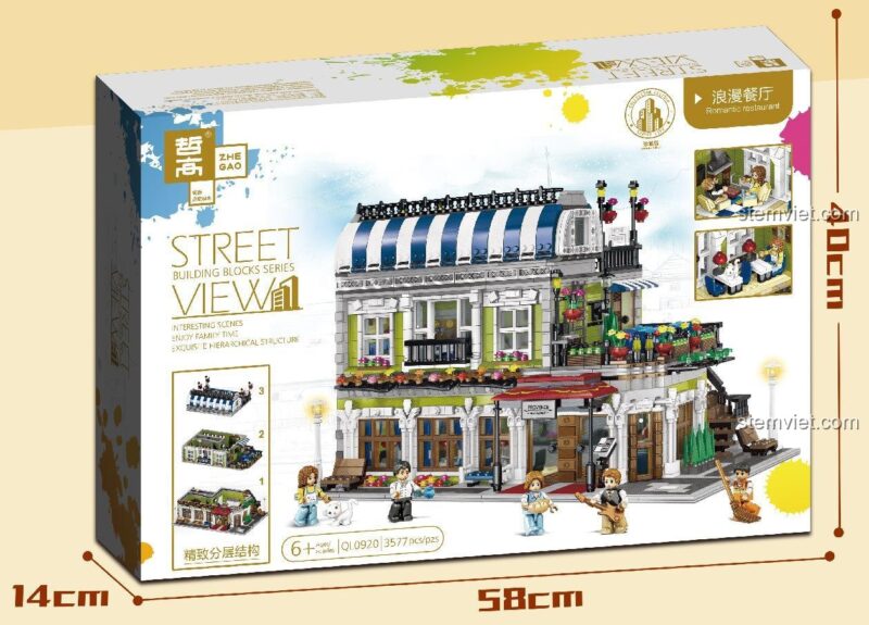 Hộp bộ lắp ghép ZHEGAO QL0920 Nhà hàng lãng mạn với kích thước rõ ràng, 3577 mảnh ghép, đồ chơi xây dựng giá tốt cho trẻ 6 tuổi.