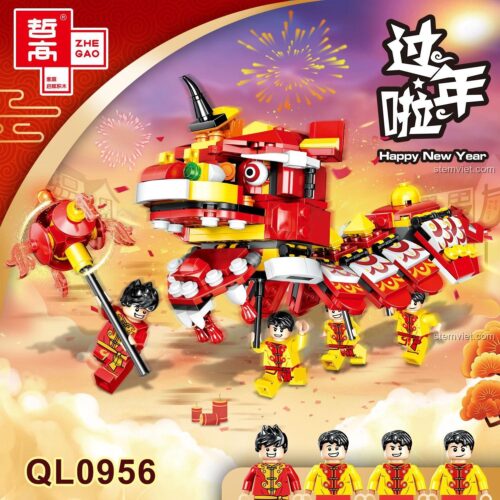 Hộp bộ lắp ghép Zhegao QL0956 Múa Lân Chúc Mừng Năm Mới, đồ chơi mô hình Múa Lân Tết 423 mảnh cho bé trai 6 tuổi