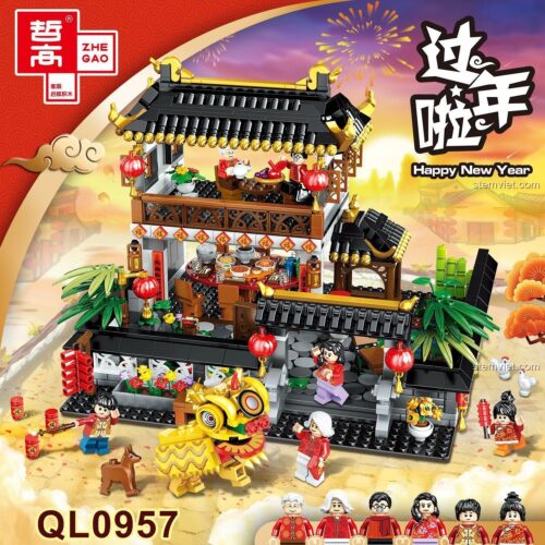 Hộp đồ chơi xếp hình ZHEGAO QL0957 Ngôi nhà đón Tết, thể hiện không khí lễ hội truyền thống, món quà tiết kiệm cho bé trai và bé gái 6 tuổi.
