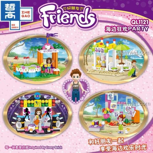 Chi tiết 4 khung cảnh riêng lẻ của đồ chơi xếp hình Zhegao QL1121: sân khấu, quầy bar, bể bơi, góc vẽ tranh.