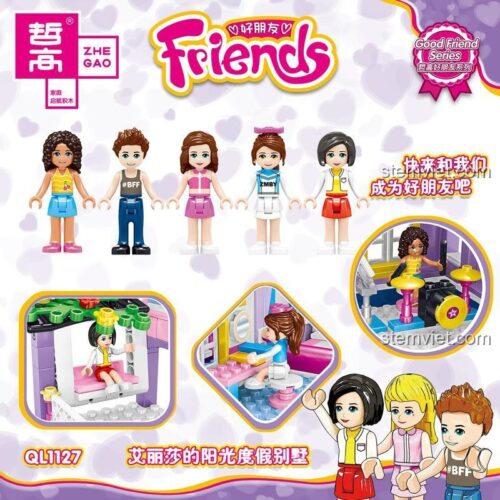Chi tiết 5 minifigures và các góc chơi của đồ chơi xếp hình ZHEGAO QL1127, bao gồm phòng ngủ, ban công và dàn DJ, phù hợp cho bé gái 6 tuổi.