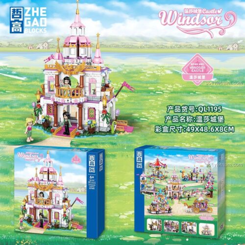 Hộp bộ đồ chơi lắp ghép Lâu đài Windsor ZHEGAO QL1195, Lâu đài cổ tích màu hồng, 887 chi tiết, cho bé gái 6 tuổi