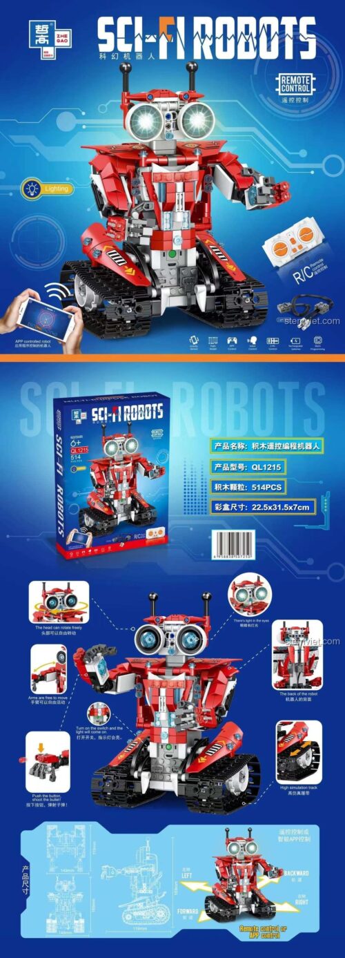 Mô hình đồ chơi robot lắp ghép Zhegao QL1215 màu đỏ với tính năng đèn LED, điều khiển từ xa, lập trình và bánh xích, phát triển tư duy cho bé trai 6 tuổi.