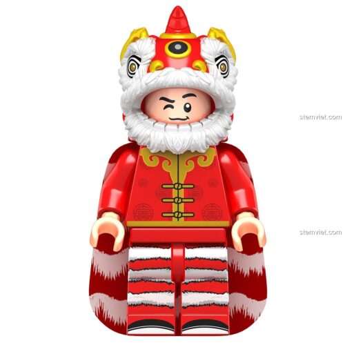 Cận cảnh đồ chơi lắp ráp Nhân vật Múa Lân J1001 màu đỏ với chi tiết sắc nét, phù hợp cho bé trai yêu thích văn hóa truyền thống.