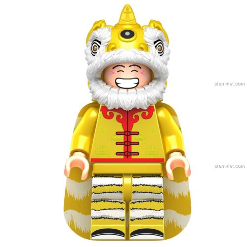 Cận cảnh đồ chơi mô hình J1002 Minifigure Múa Lân màu vàng, chi tiết sắc nét. Lựa chọn giá rẻ cho bé trai yêu thích văn hóa Tết.