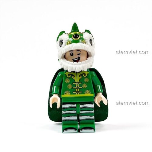 Cận cảnh đồ chơi mô hình Minifigure Múa Lân ZhuMo Blocks J1003 màu xanh lá, một nhân vật múa sư tử độc đáo cho bé trai.