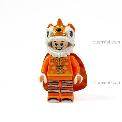 Cận cảnh Figure Múa Lân J1004 màu cam, đồ chơi xếp hình chủ đề Tết Nguyên Đán.