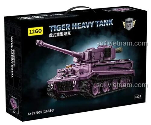 Xe tăng hạng nặng Tiger 12GO 97009 màu tím, bộ lắp ráp quân sự cho bé trai 6 tuổi, 1668 mảnh, tỉ lệ 1:28, tháp pháo xoay 360 độ, nòng pháo điều chỉnh góc nâng hạ, bánh xích chuyển động, giá tốt
