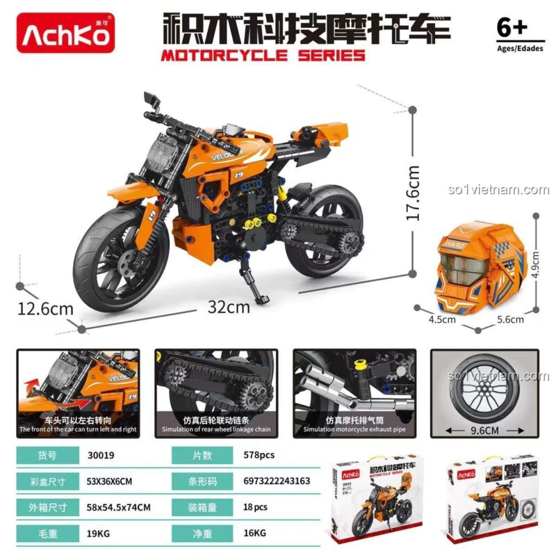 Ảnh thể hiện kích thước mô hình Xe Mô Tô Công Nghệ 30019 (32x12.6x17.6 cm) và các tính năng đặc biệt, đồ chơi lắp ráp cho bé trai