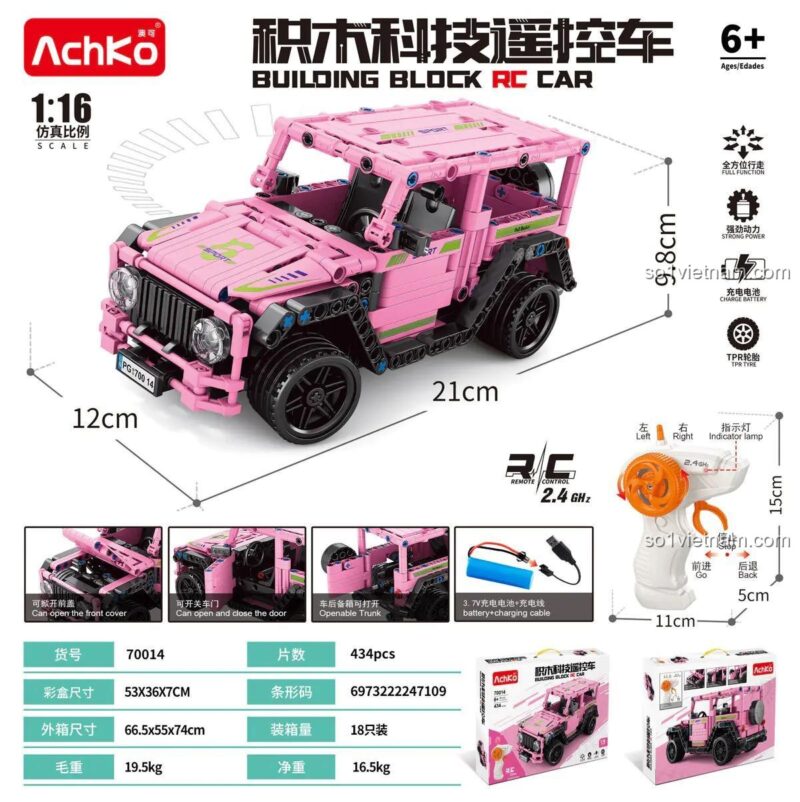 AchKo 70014 Xe Jeep Địa Hình Điều Khiển Từ Xa Màu Hồng, chi tiết mô hình xe RC, tỉ lệ 1:16, có đèn LED, mở cửa, bánh xe TPR, đồ chơi giáo dục cho bé gái 6 tuổi