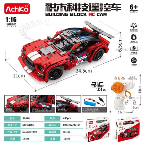 AchKo 70018 Xe Ford Mustang Đỏ Điều Khiển Từ Xa Kích thước 24.5cm, Tỉ lệ 1:16, 433 Mảnh, Xe Đua Đỏ RC, Xe Thể Thao Đỏ, Mô hình Xe Cơ Bắp Đỏ, Bộ lắp ghép Xe Đua Đỏ, Đồ chơi giáo dục cho bé trai 6 tuổi, Giá tốt
