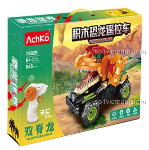 Hộp sản phẩm xe khủng long điều khiển từ xa AchKo 70029, đồ chơi khủng long cho bé trai 6 tuổi, bộ lắp ghép 586 chi tiết, kích thước hộp 53x36x7cm, chất liệu nhựa ABS cao cấp, điều khiển từ xa 2.4GHz, miệng và đuôi có thể cử động, giá tốt