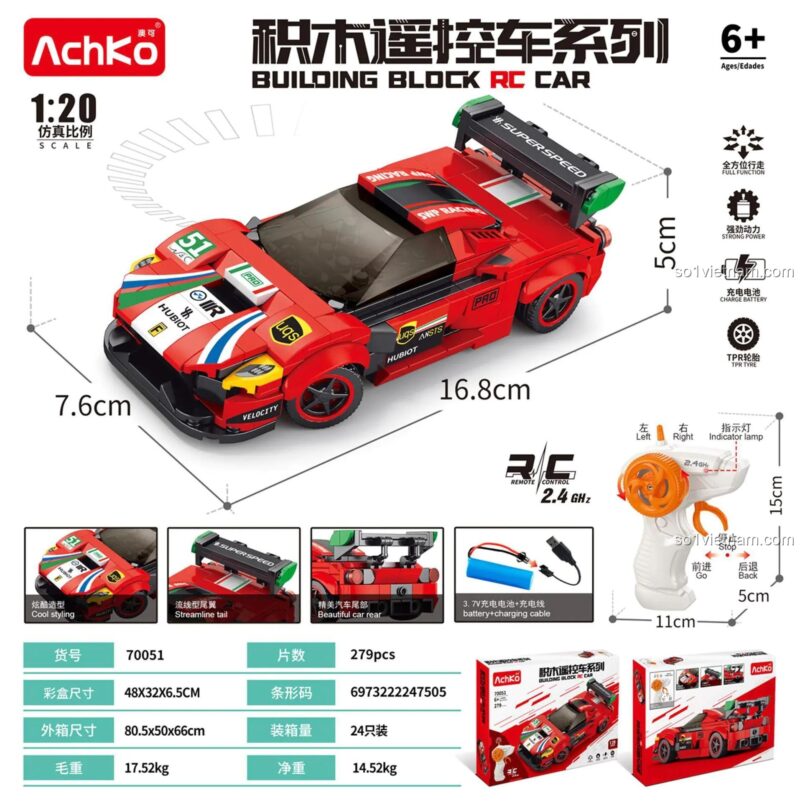 Thông số kỹ thuật Xe Đua Điều Khiển Từ Xa AchKo 70051: Kích thước mô hình 16.8x7.6x5cm, Kích thước hộp 48x32x6.5cm, 279 chi tiết, Tỉ lệ 1:20, Điều khiển từ xa 2.4GHz, Đỏ, Phù hợp bé trai 6 tuổi