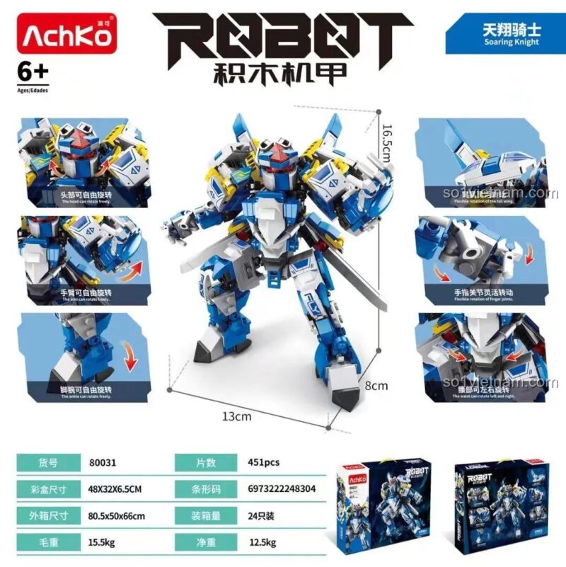 AchKo 80031 Robot Thiên Tường Kỵ Sĩ với các khớp nối linh hoạt, đầu, tay, chân, eo, ngón tay đều có thể cử động, bộ lắp ghép robot cơ giáp 451 mảnh cho bé trai.