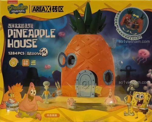 Hộp sản phẩm bộ lắp ghép Ngôi nhà Dứa SpongeBob SquarePants AREA-X AB0064, đồ chơi mô hình nhà cửa dưới đáy biển, có đèn LED, bao gồm 4 nhân vật SpongeBob, Patrick, Squidward, Mr. Krabs, 1284 mảnh ghép, phù hợp cho bé 8 tuổi