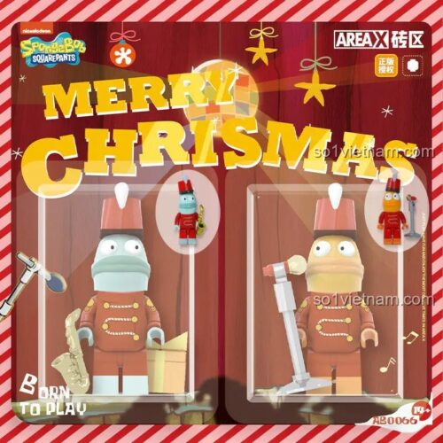 Chi tiết các nhân vật trong bộ đồ chơi AREA-X AB0066 SpongeBob SquarePants Merry Christmas, bao gồm Sandy và Mermaid Man với nhạc cụ, phù hợp cho bé 6 tuổi