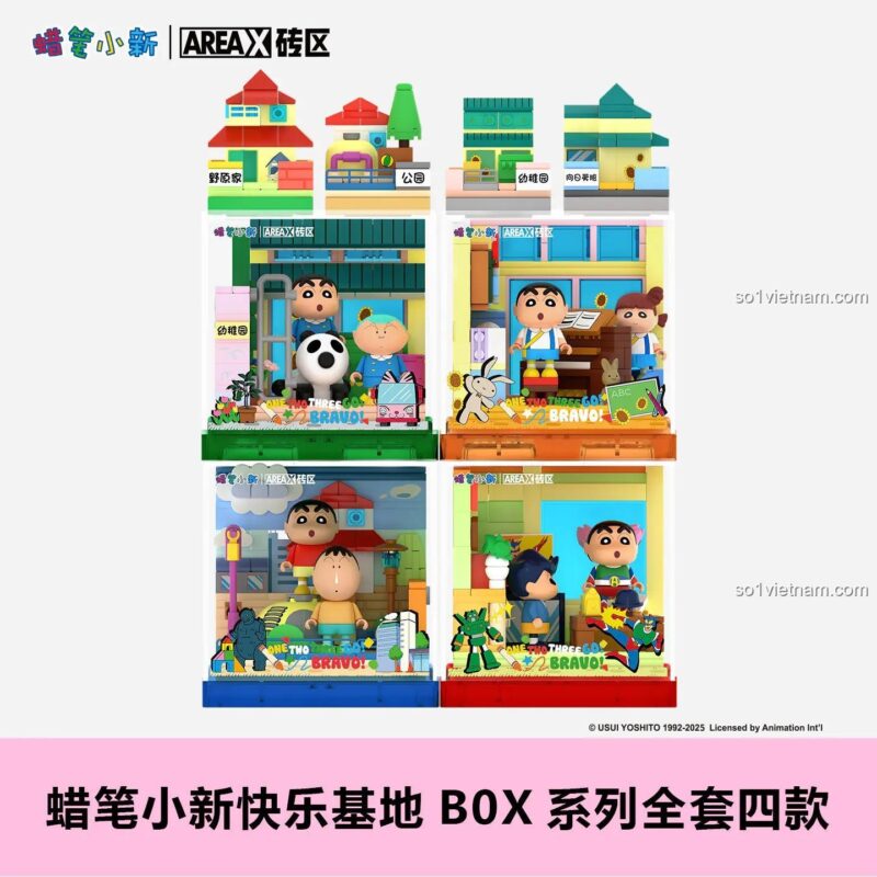 Bộ sưu tập đầy đủ các mô hình Crayon Shin-chan Happy Base BOX của AREA-X, mã AB0150, bao gồm 4 mẫu khác nhau.