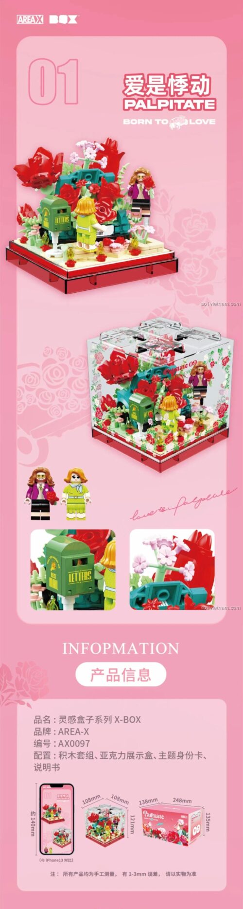 Chi tiết bộ lắp ghép AREA-X AX0097 Hộp quà tình yêu Hoa Hồng, bao gồm minifigure và các chi tiết trang trí, chất liệu nhựa ABS cao cấp