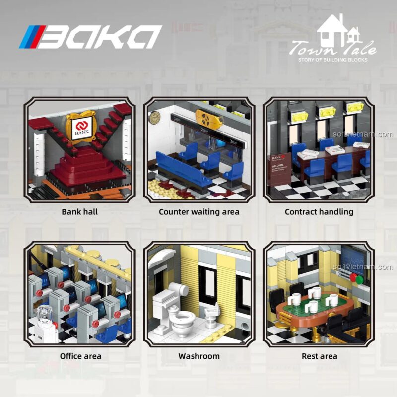Chi tiết nội thất bộ lắp ghép Baka 33205, máy ATM, văn phòng, khu vực nghỉ ngơi, đồ chơi mô hình kiến trúc hoành tráng