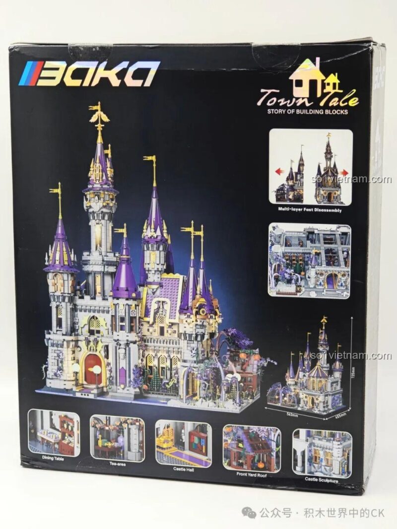 Mô hình Lâu đài Phép thuật BAKA 33210 bên cạnh nhân vật Alucard từ Castlevania, nhấn mạnh đây là lâu đài dành cho con trai 14 tuổi, chất lượng cao.