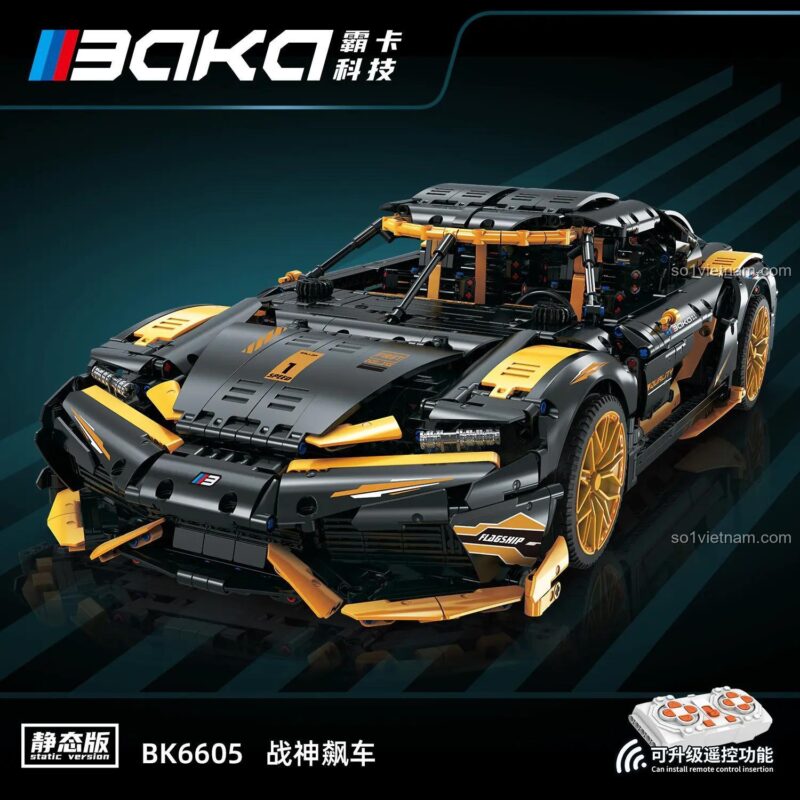 Hình ảnh chi tiết bộ lắp ráp Xe hơi thể thao hầm hố BAKA 6605 từ góc nhìn chéo phía trước, làm nổi bật các chi tiết cản trước và mui xe. Món quà giá tốt cho bé trai.
