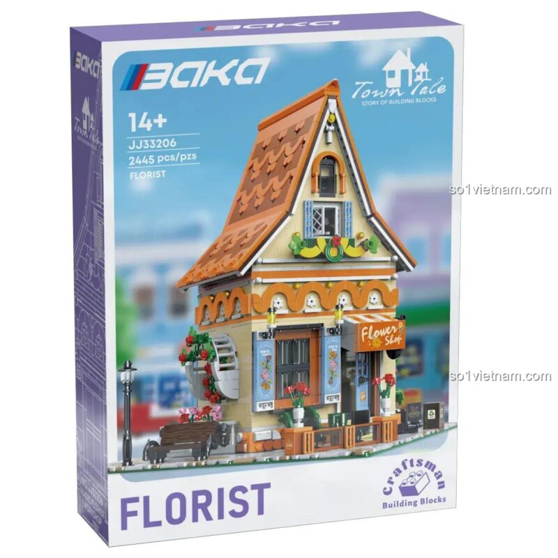 Hộp sản phẩm bộ lắp ghép Baka JJ33206 Cửa hàng hoa Phép Thuật, đồ chơi xây dựng cho bé gái 6 tuổi, giá trị cao.