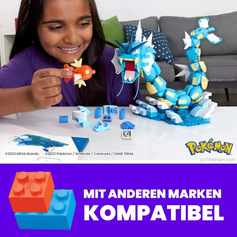 Bé gái chơi bộ lắp ghép Mega Bloks HNT95 Pokemon Gyarados và Magikarp, đồ chơi giáo dục cho bé 8 tuổi