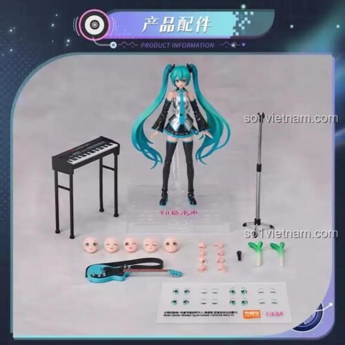 Miku 73502 figure và toàn bộ phụ kiện đi kèm: đàn, mic, keyboard, hành lá, các khuôn mặt và bàn tay thay thế, phù hợp bé gái 10 tuổi, giá tốt.